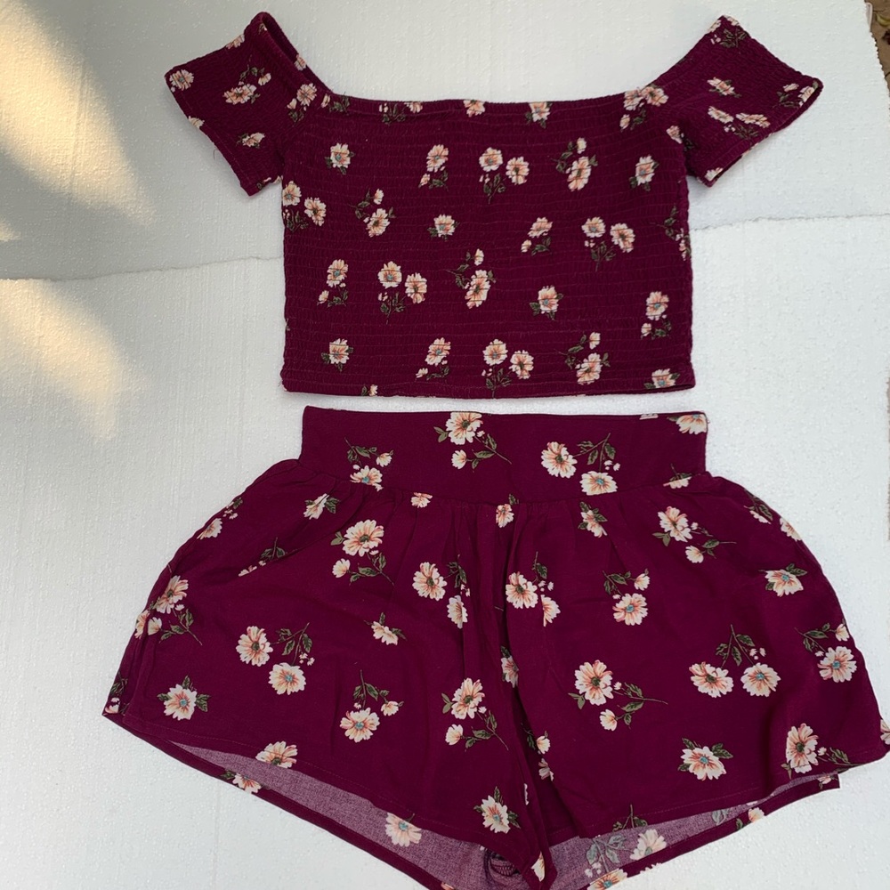 Burgundy floral short matching set